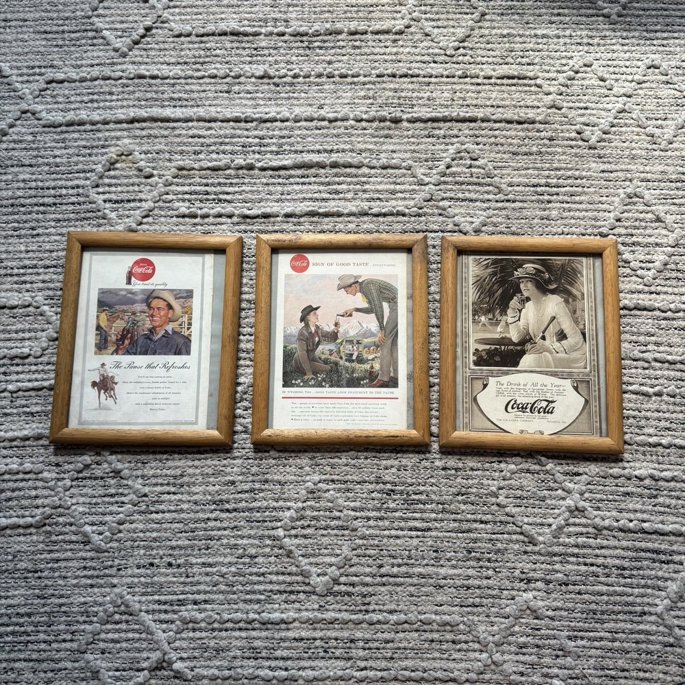 Lot of 3 Framed Vintage Coca-Cola Advertising Prints 11x9 Wall Decor